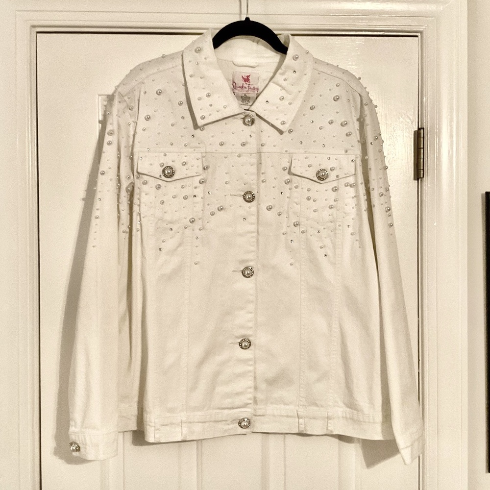 Quacker Factory White Denim BLINGED OUT, Jacket, Size XL